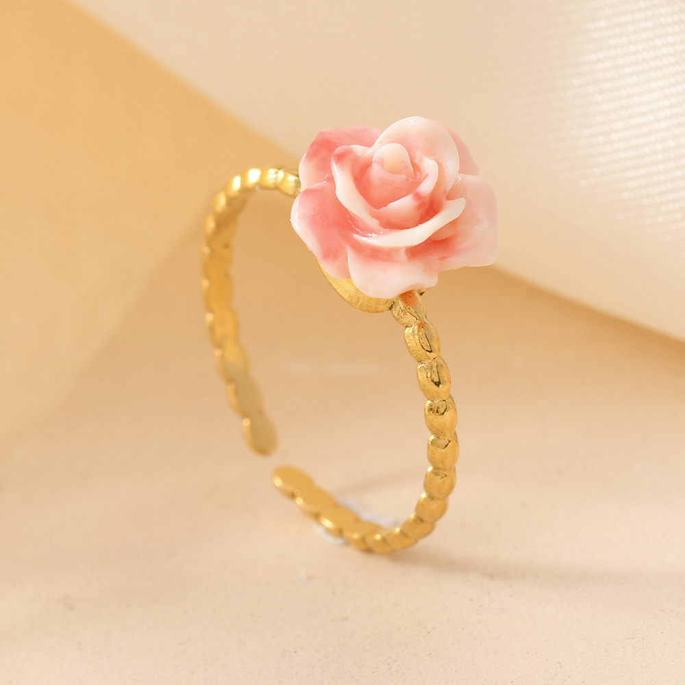 New Pink Embossed Flower Shell Pink Synthetic Rose Ring
